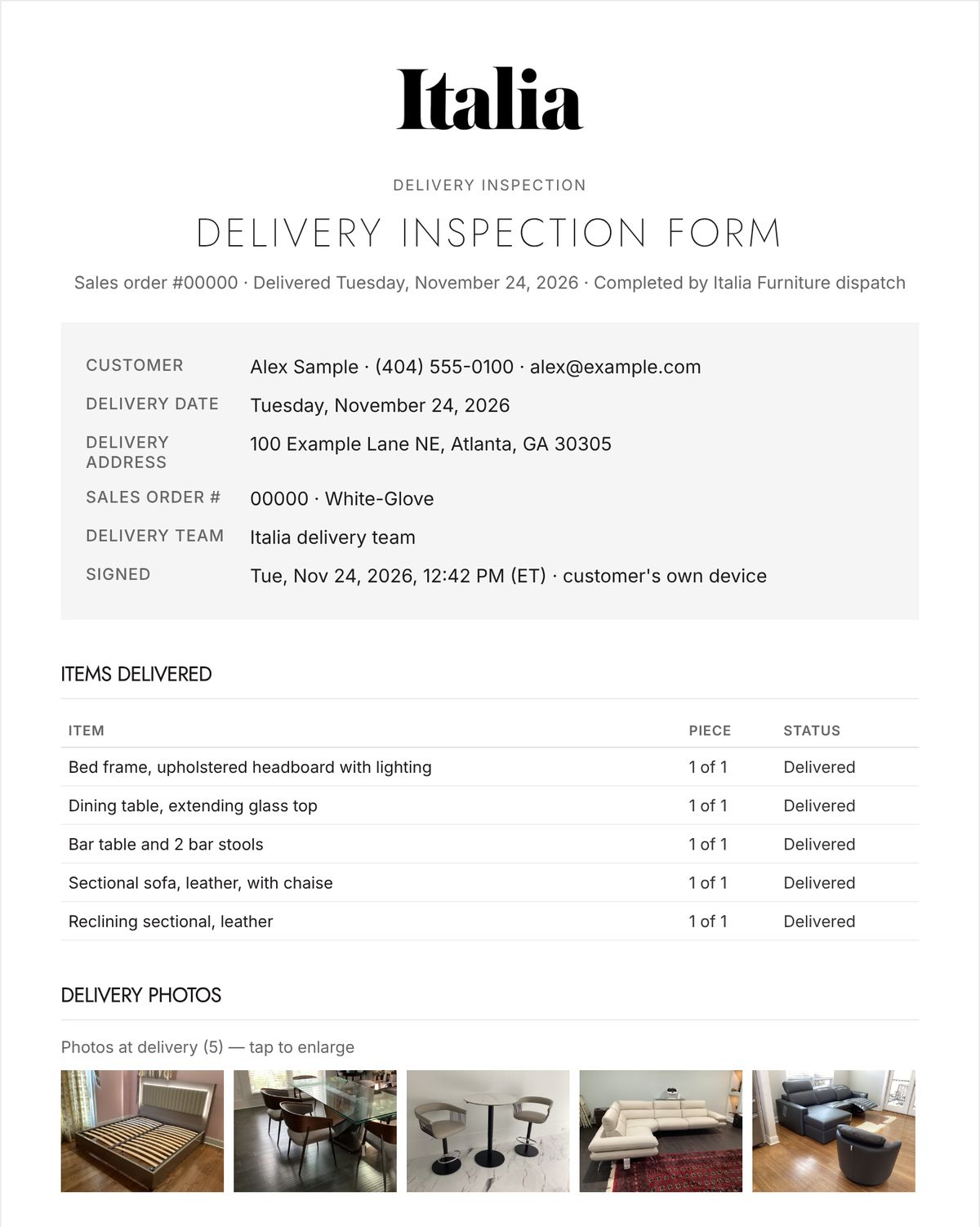 The customer's digital Delivery Inspection Form: delivery details, every piece listed as delivered, and photos taken at delivery.